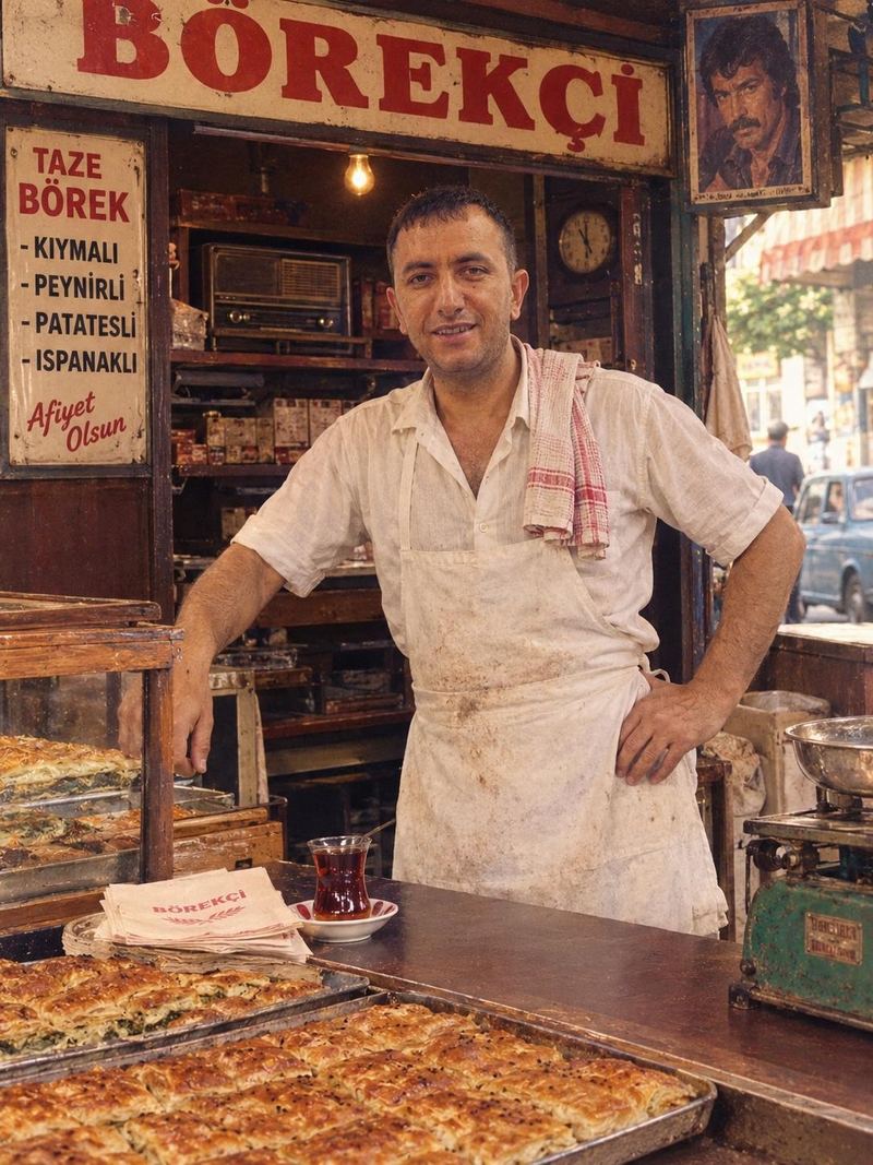 Börek tezgâhının başında, önünde taze börek tepsileri ve bir bardak çay bulunan usta